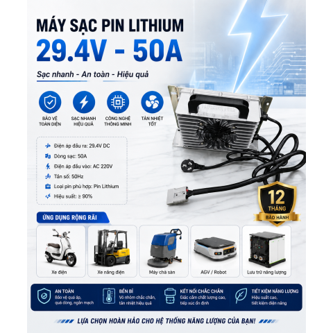 Máy sạc Pin Ắc quy lithium 29.4V-50A Nhôm nguyên khối