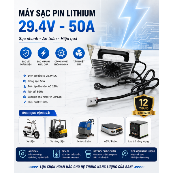 Máy sạc Pin Ắc quy lithium 29.4V-50A Nhôm nguyên khối